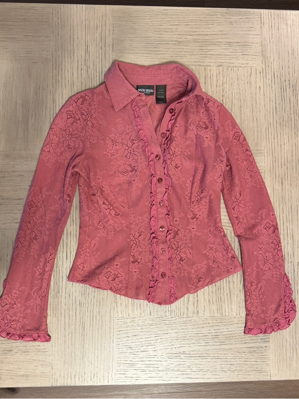 Bisou Bisou Rose Pink Lace Ruffle Button-Front Blouse